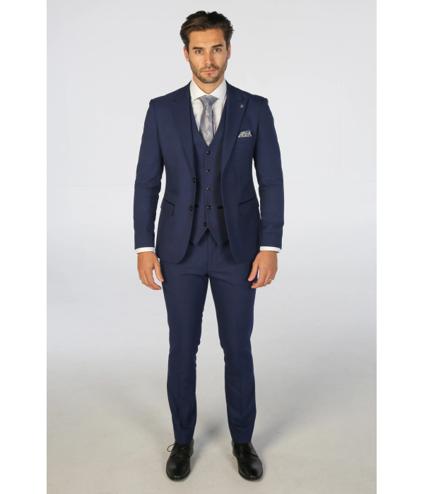 Mark - Men's Navy Blue 3 Piece Checked Tailored Fit Suit