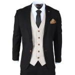 Mayfair - Men's 3 Piece Black Suit With Cream Waistcoat - 36UK Jacket/Waistcoat + 30W Trousers