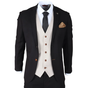 Mayfair – Men’s 3 Piece Black Suit With Cream Waistcoat