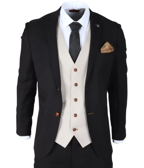 Mayfair - Men's 3 Piece Black Suit With Cream Waistcoat