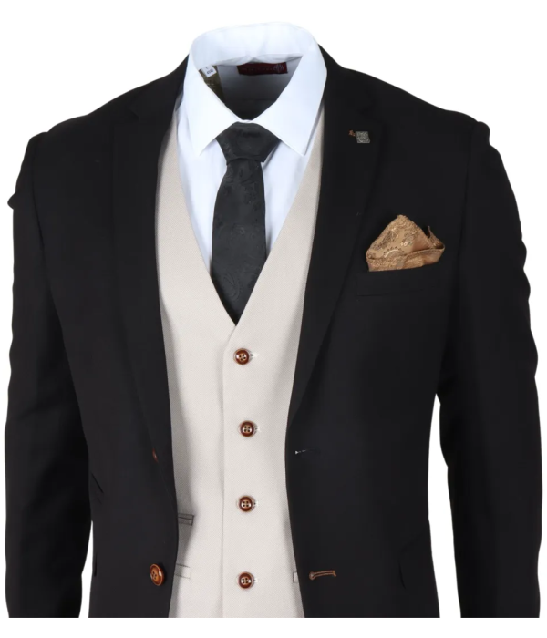 Mayfair - Men's 3 Piece Black Suit With Cream Waistcoat