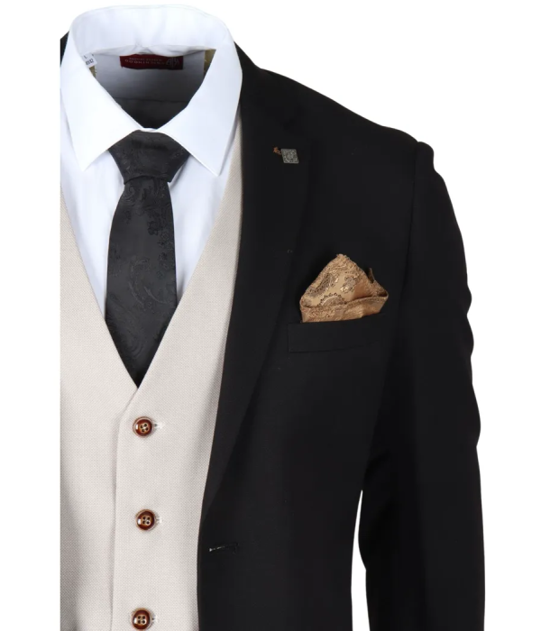 Mayfair - Men's 3 Piece Black Suit With Cream Waistcoat