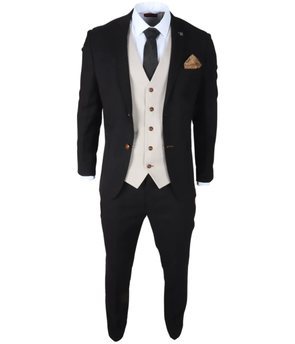 Mayfair - Men's 3 Piece Black Suit With Cream Waistcoat