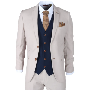 Mayfair – Men’s 3 Piece Cream Suit With Navy Waistcoat