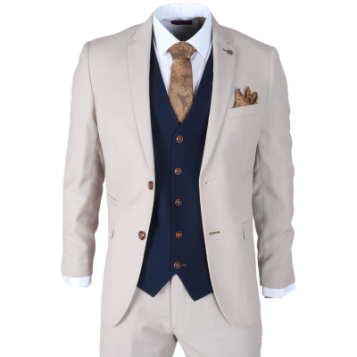 Mayfair - Men's 3 Piece Cream Suit With Navy Waistcoat