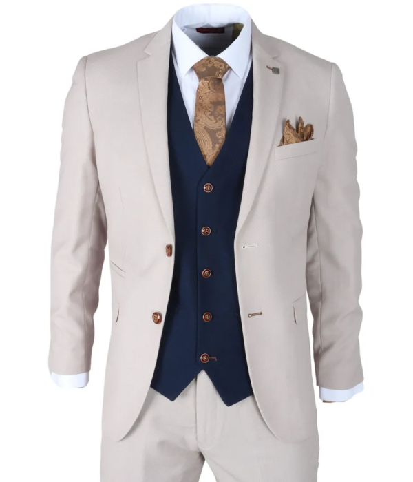 Mayfair - Men's 3 Piece Cream Suit With Navy Waistcoat