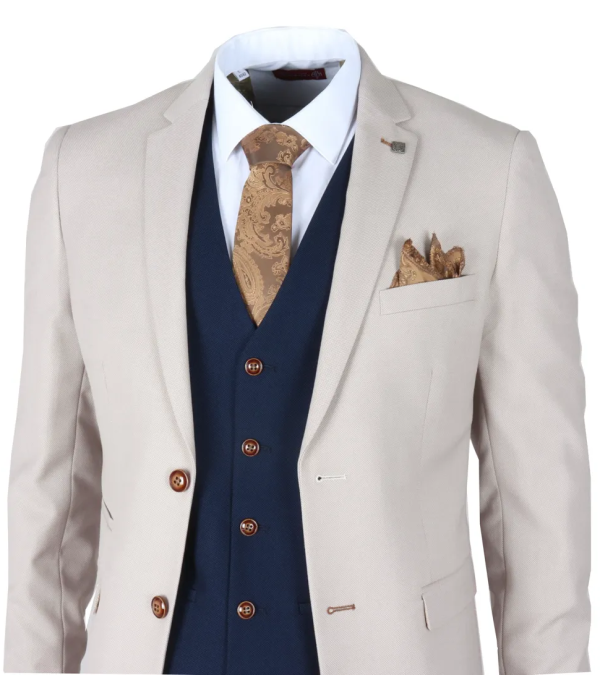 Mayfair - Men's 3 Piece Cream Suit With Navy Waistcoat