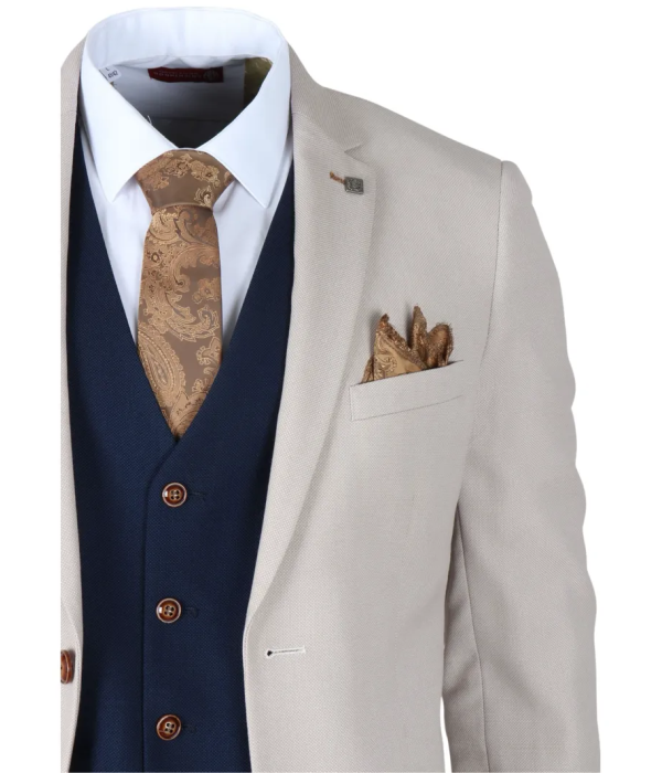 Mayfair - Men's 3 Piece Cream Suit With Navy Waistcoat