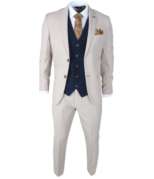 Mayfair - Men's 3 Piece Cream Suit With Navy Waistcoat