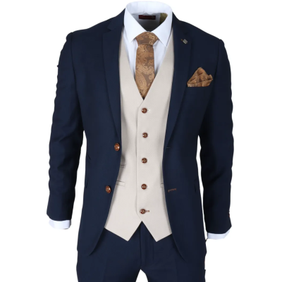 Mayfair - Men's 3 Piece Navy Suit With Cream Waistcoat