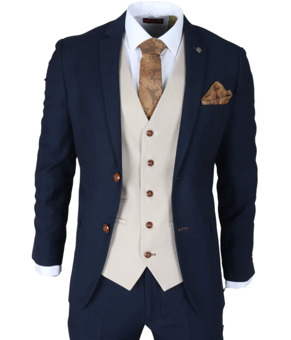 Mayfair - Men's 3 Piece Navy Suit With Cream Waistcoat