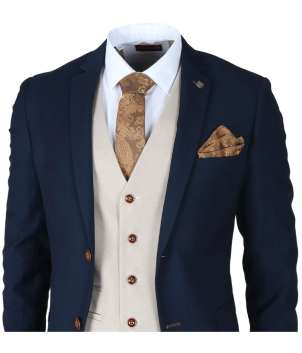 Mayfair - Men's 3 Piece Navy Suit With Cream Waistcoat