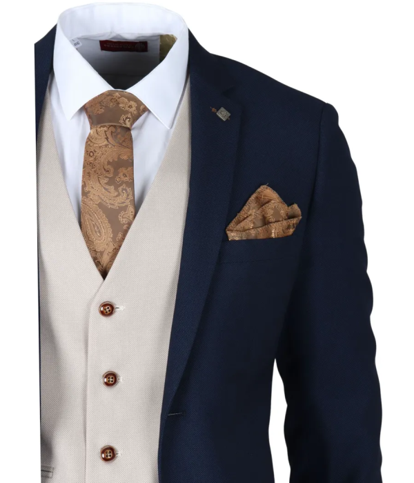 Mayfair - Men's 3 Piece Navy Suit With Cream Waistcoat