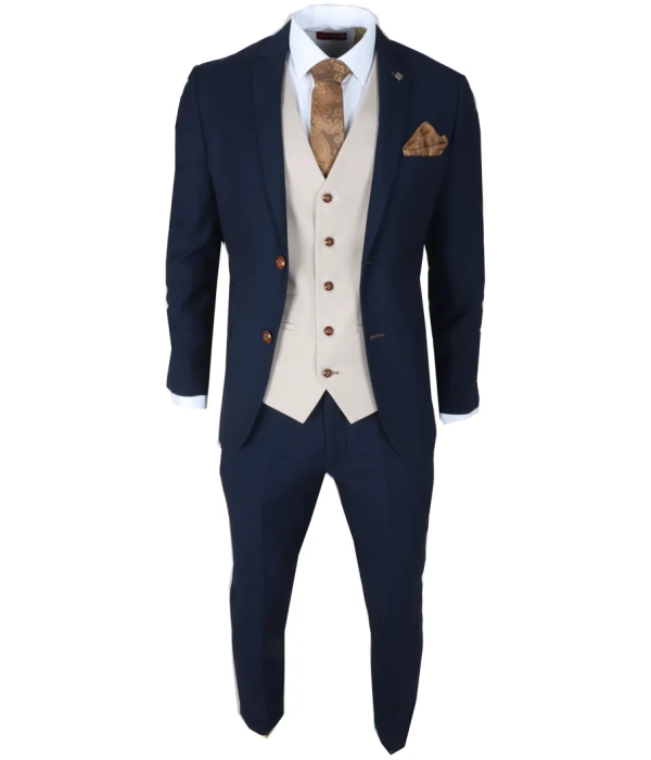 Mayfair - Men's 3 Piece Navy Suit With Cream Waistcoat