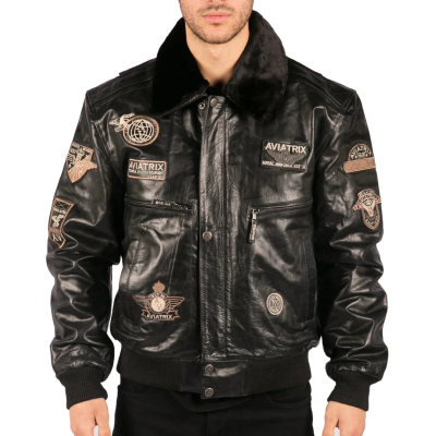 Men's Black Leather Bomber Aviator Badge Pilot Jacket Removable Fur Collar