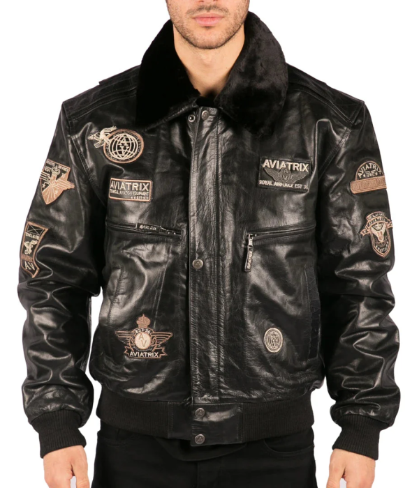 Men's Black Leather Bomber Aviator Badge Pilot Jacket Removable Fur Collar