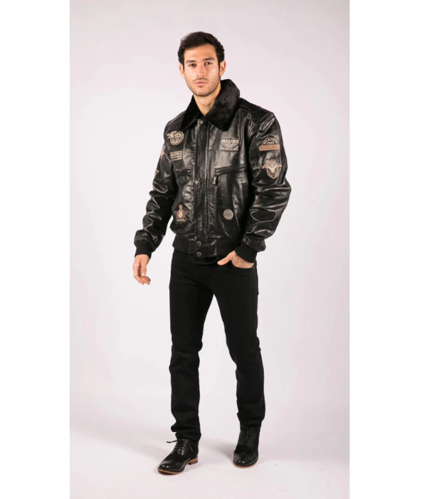 Men's Black Leather Bomber Aviator Badge Pilot Jacket Removable Fur Collar