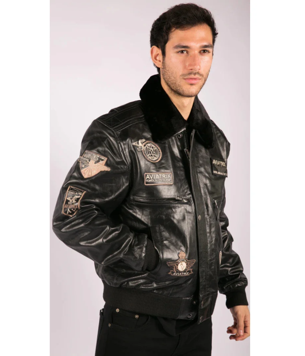 Men's Black Leather Bomber Aviator Badge Pilot Jacket Removable Fur Collar