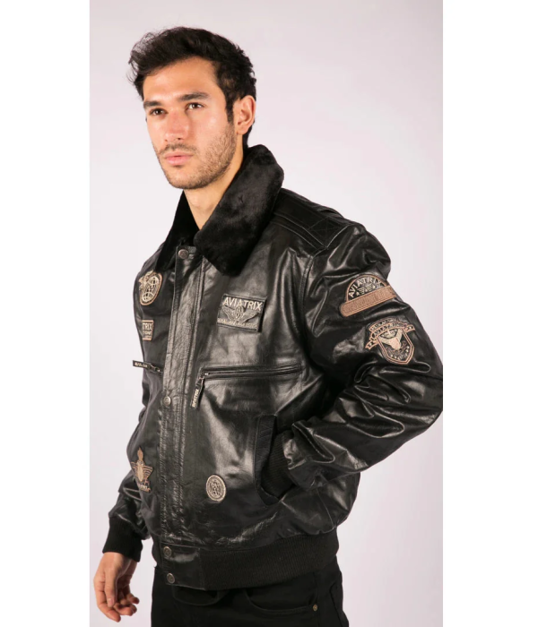 Men's Black Leather Bomber Aviator Badge Pilot Jacket Removable Fur Collar