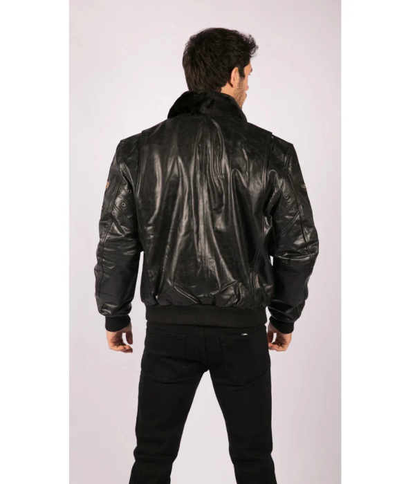 Men's Black Leather Bomber Aviator Badge Pilot Jacket Removable Fur Collar