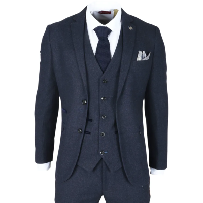 Oscar - Men's 3 Piece Navy Blue Wool Blend Tweed Suit