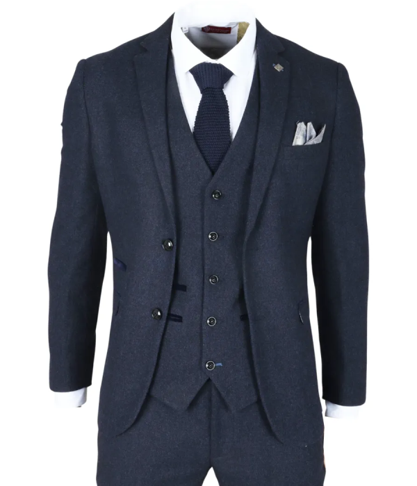 Oscar - Men's 3 Piece Navy Blue Wool Blend Tweed Suit