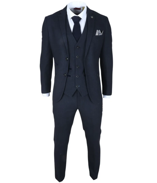 Oscar - Men's 3 Piece Navy Blue Wool Blend Tweed Suit