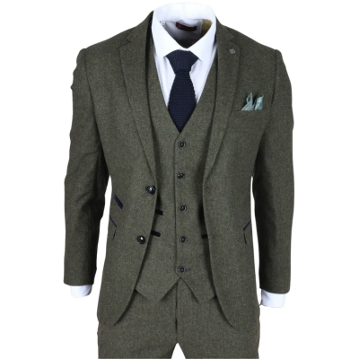 Oscar - Men's 3 Piece Olive Green Wool Blend Tweed Suit