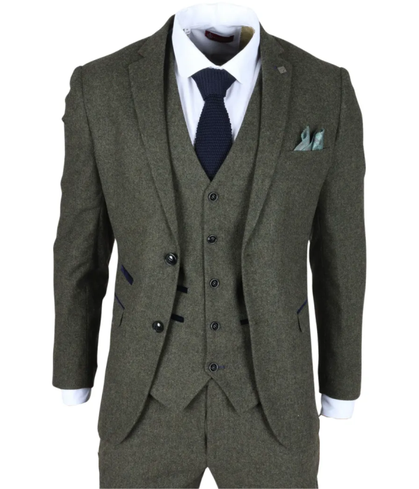 Oscar - Men's 3 Piece Olive Green Wool Blend Tweed Suit