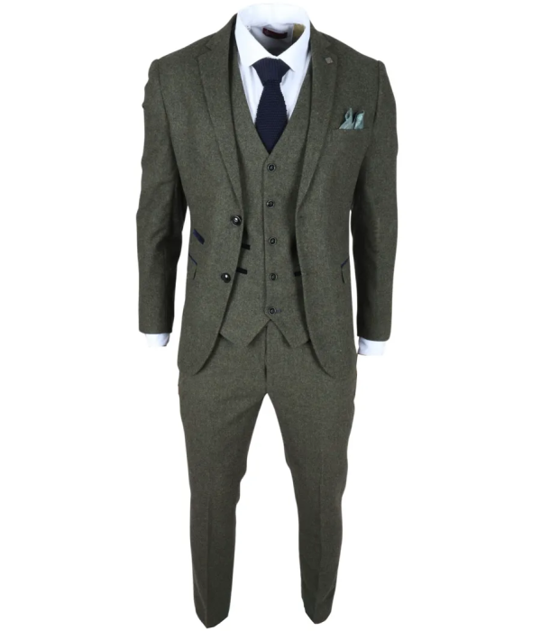 Oscar - Men's 3 Piece Olive Green Wool Blend Tweed Suit