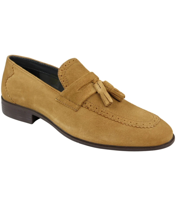 Mens Slip On Loafer Shoes Tan Tassel Real Suede Smart Casual Dress Driving Classic