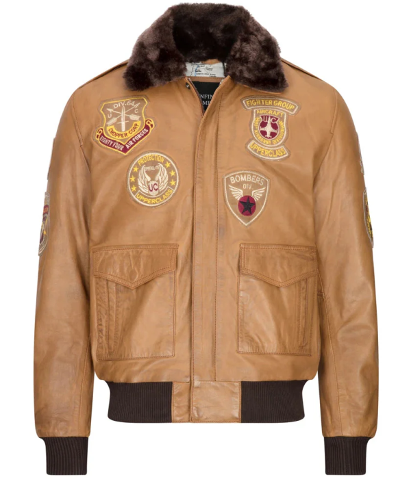 Men's Aviator Flying Pilot Bomber Jacket Tan Removable Black Fur Collar