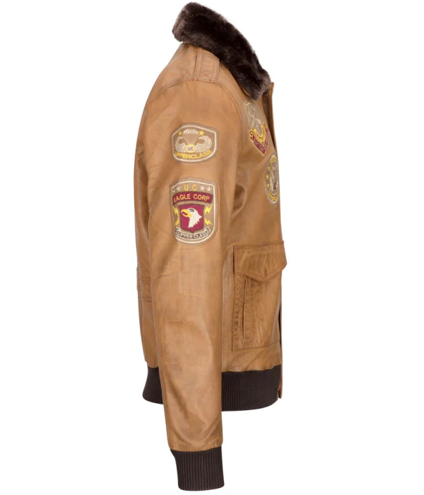 Men's Aviator Flying Pilot Bomber Jacket Tan Removable Black Fur Collar