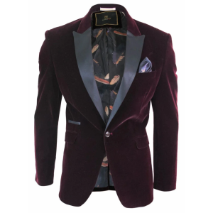 Rosa – Men’s Soft Velvet Black Burgundy 1 Button Dinner Jacket Tuxedo Blazer Fit