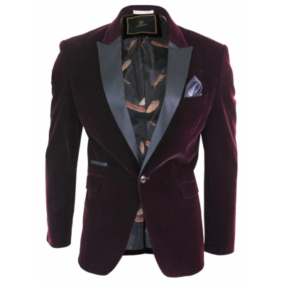 Rosa - Men's Soft Velvet Black Burgundy 1 Button Dinner Jacket Tuxedo Blazer Fit