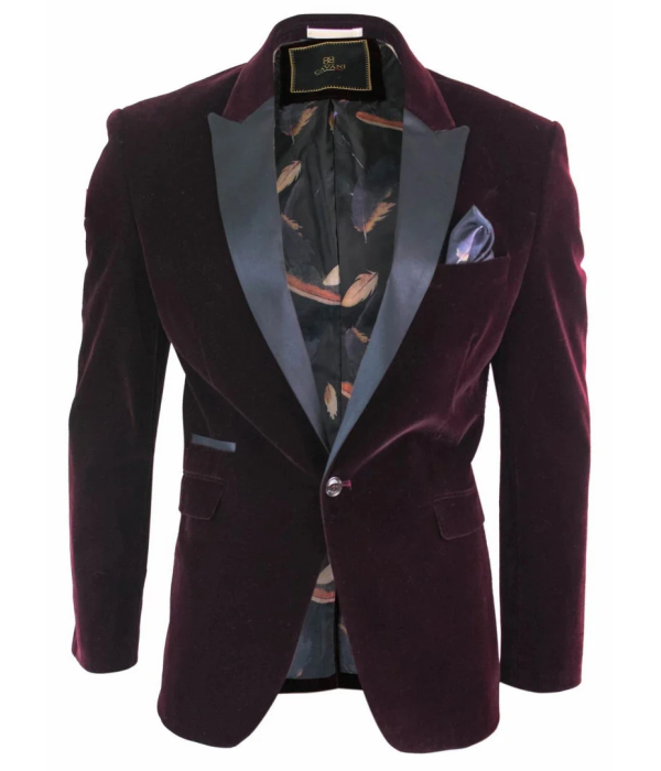 Rosa - Men's Soft Velvet Black Burgundy 1 Button Dinner Jacket Tuxedo Blazer Fit