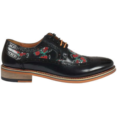 Ross - Men's Black Floral Skull Print Leather Brogue Shoes