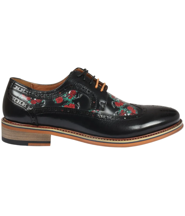 Ross - Men's Black Floral Skull Print Leather Brogue Shoes