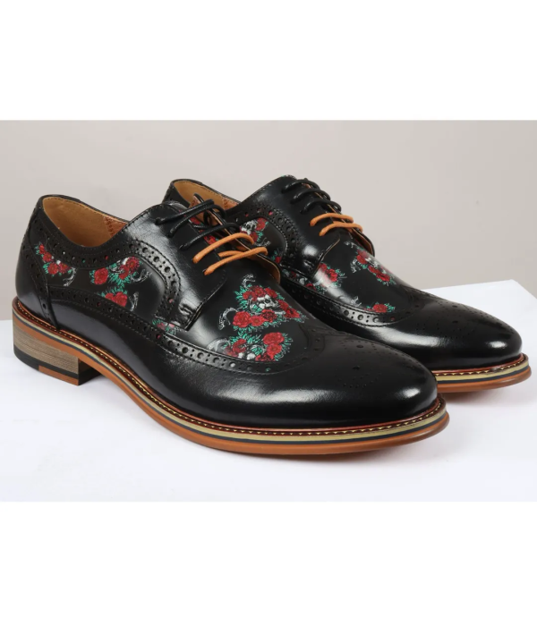 Ross - Men's Black Floral Skull Print Leather Brogue Shoes