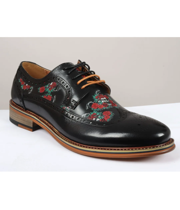 Ross - Men's Black Floral Skull Print Leather Brogue Shoes