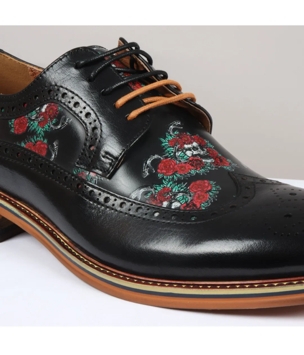 Ross - Men's Black Floral Skull Print Leather Brogue Shoes