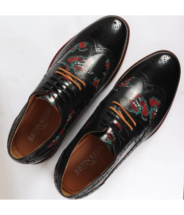 Ross - Men's Black Floral Skull Print Leather Brogue Shoes