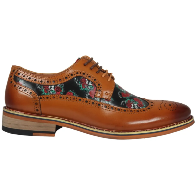 Ross - Men's Brown Floral Skull Print Leather Brogue Shoes