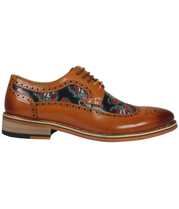 Ross - Men's Brown Floral Skull Print Leather Brogue Shoes