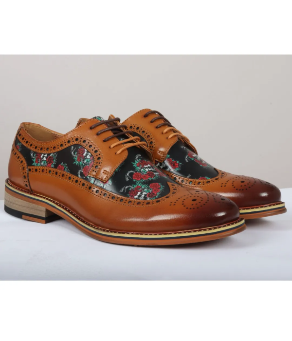 Ross - Men's Brown Floral Skull Print Leather Brogue Shoes