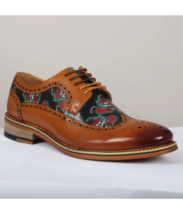 Ross - Men's Brown Floral Skull Print Leather Brogue Shoes