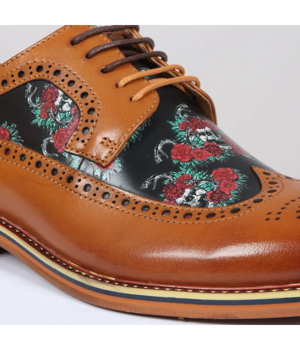 Ross - Men's Brown Floral Skull Print Leather Brogue Shoes