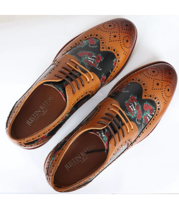 Ross - Men's Brown Floral Skull Print Leather Brogue Shoes