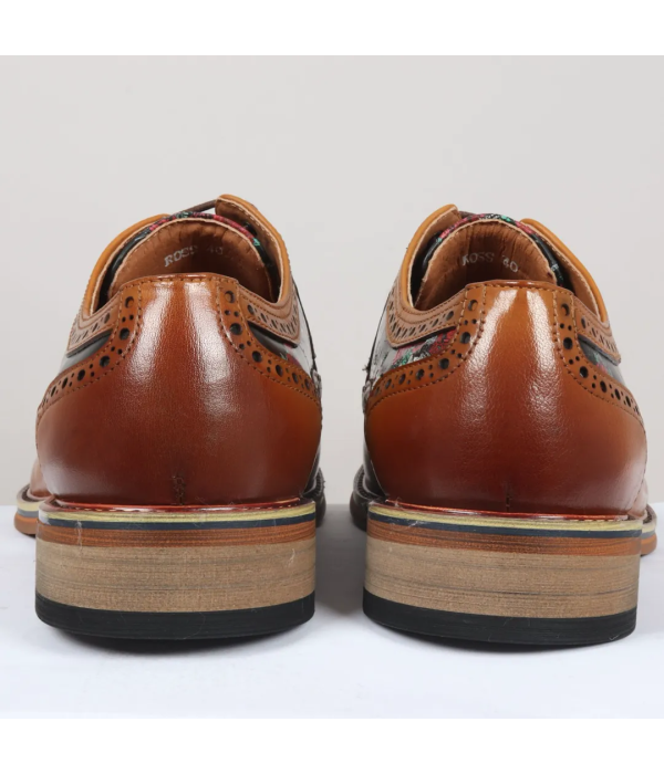 Ross - Men's Brown Floral Skull Print Leather Brogue Shoes