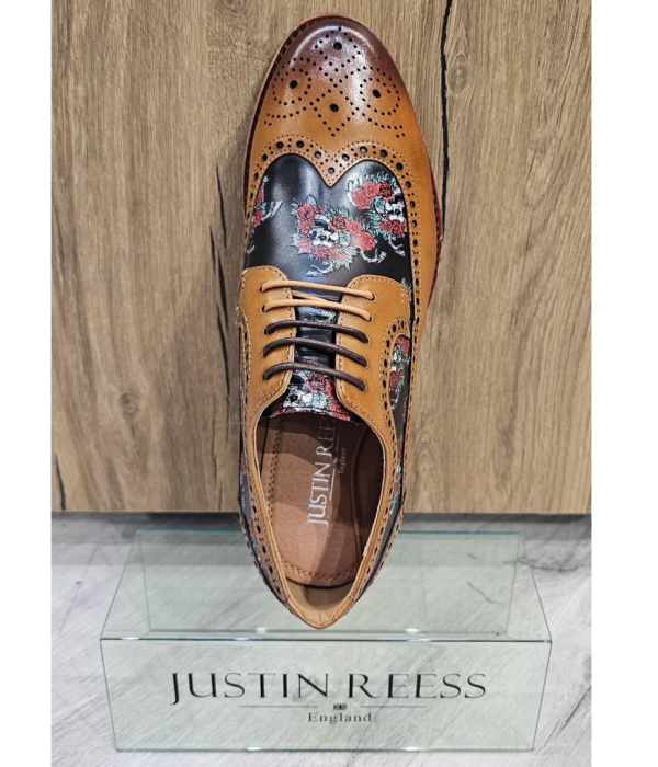 Ross - Men's Brown Floral Skull Print Leather Brogue Shoes